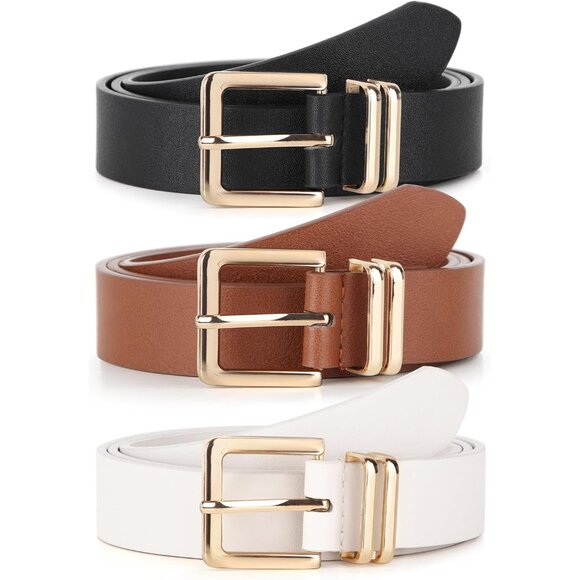 Pack 3 Women's Belts for Jeans Pants Gold Buckle Leather Belts Black Brown White - Picture 1 of 5